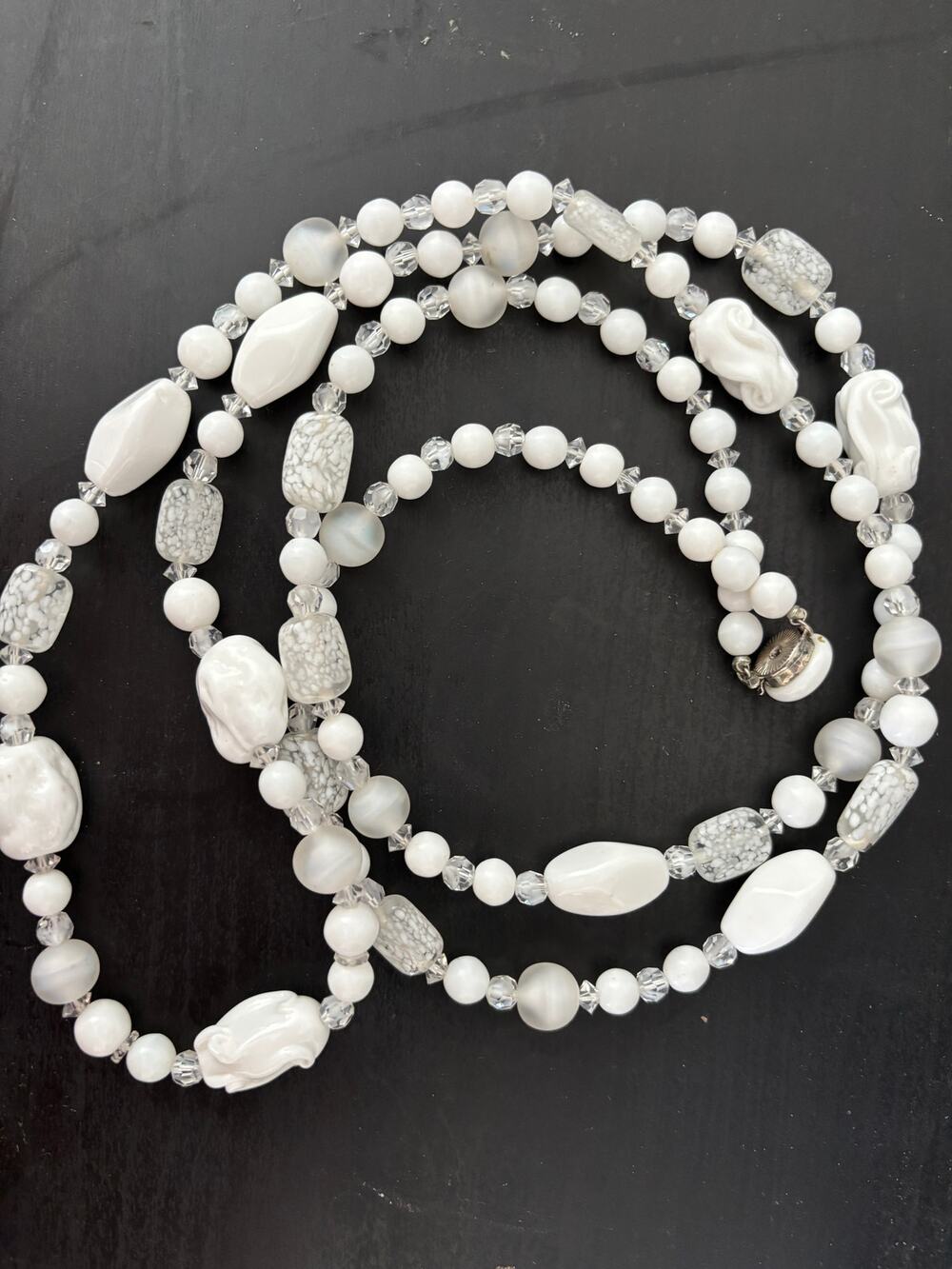 Vintage Milk Glass Beaded Flapper Necklace molded Glass